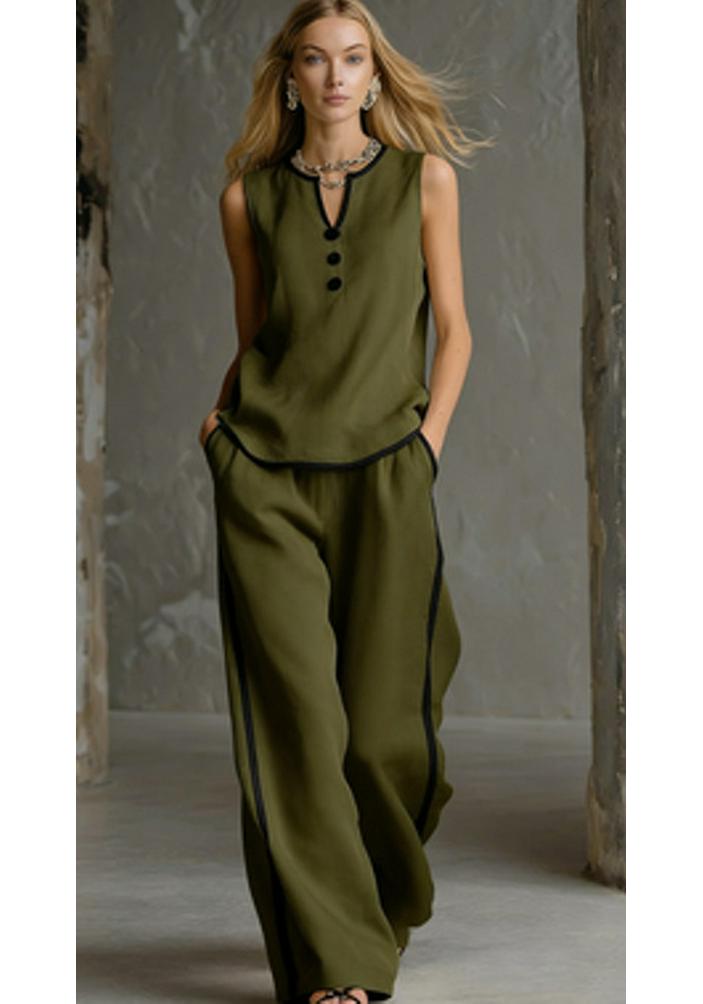 European Style V-Neck Sleeveless Top with Black Trim & Color Blocking, Paired with Simple High-End Wide-Leg Pants - 2026 Summer Collection