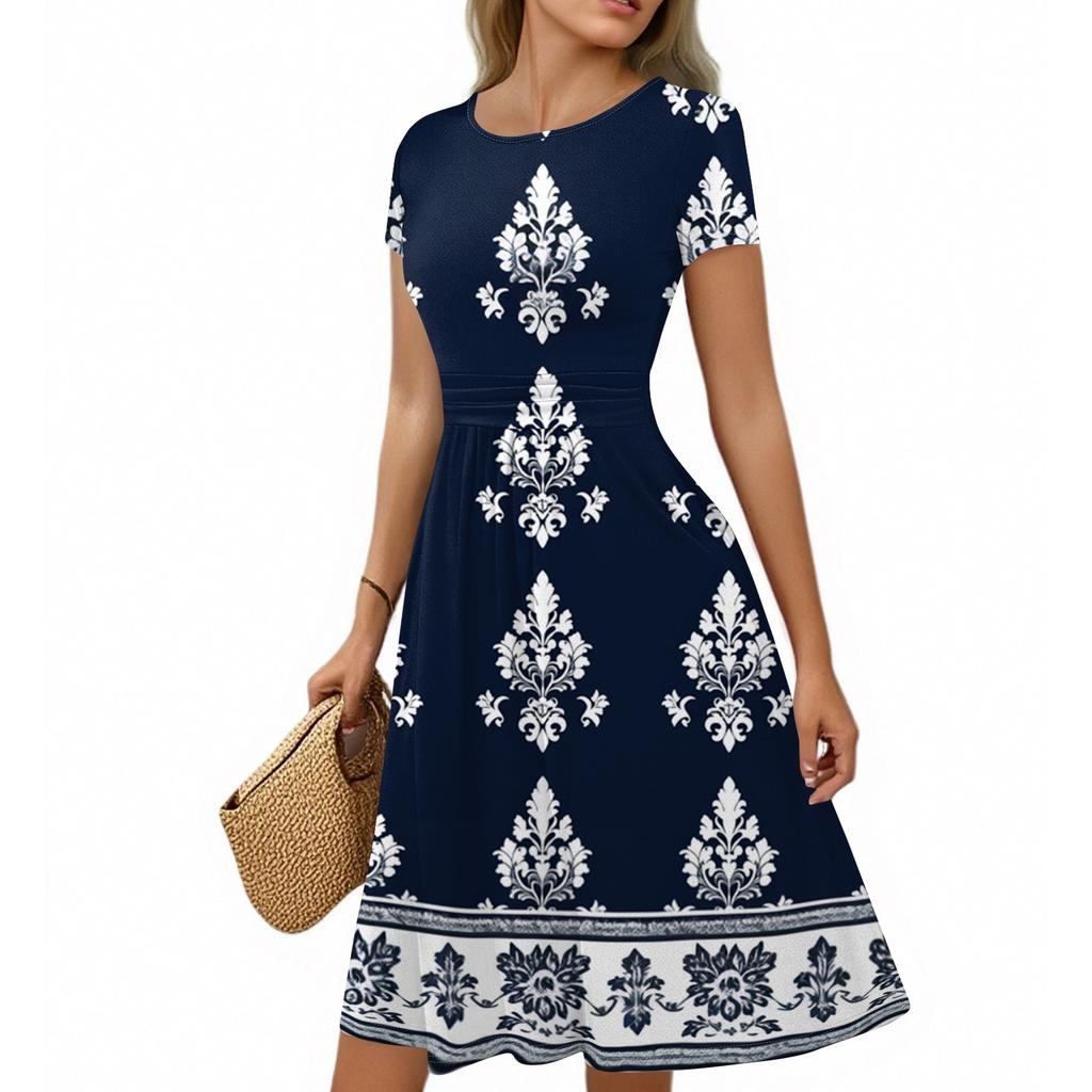 Women's Casual Fashion Round Neck Pleated Short Sleeve Bohemian A-Line Midi Dress