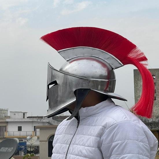 Silver Spartan Helmet with Red Plume Medieval Corinthian Knight Armor Cosplay Gift