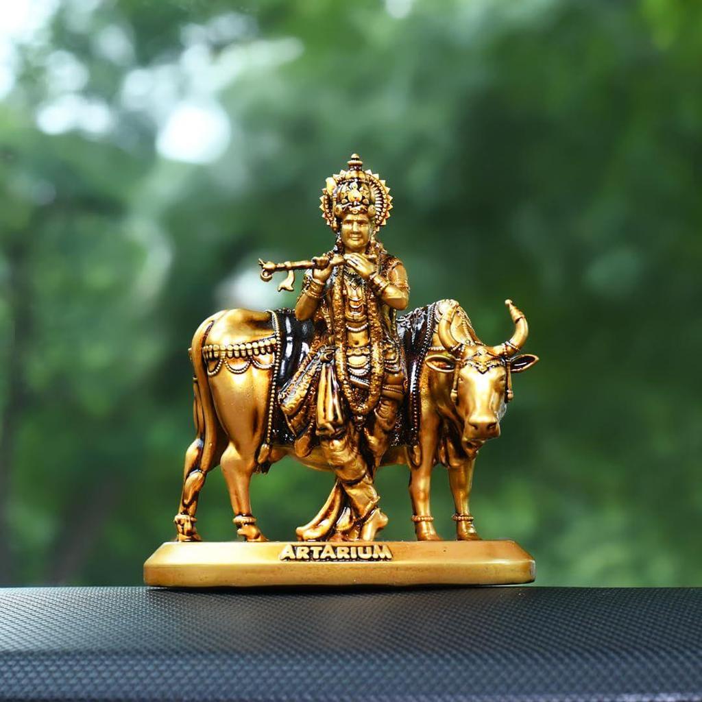 Handcrafted Krishna with Cow Murti Idol Statue Janmashtami Showpiece for Car Dashboard Home Decor Office and Table Decorative