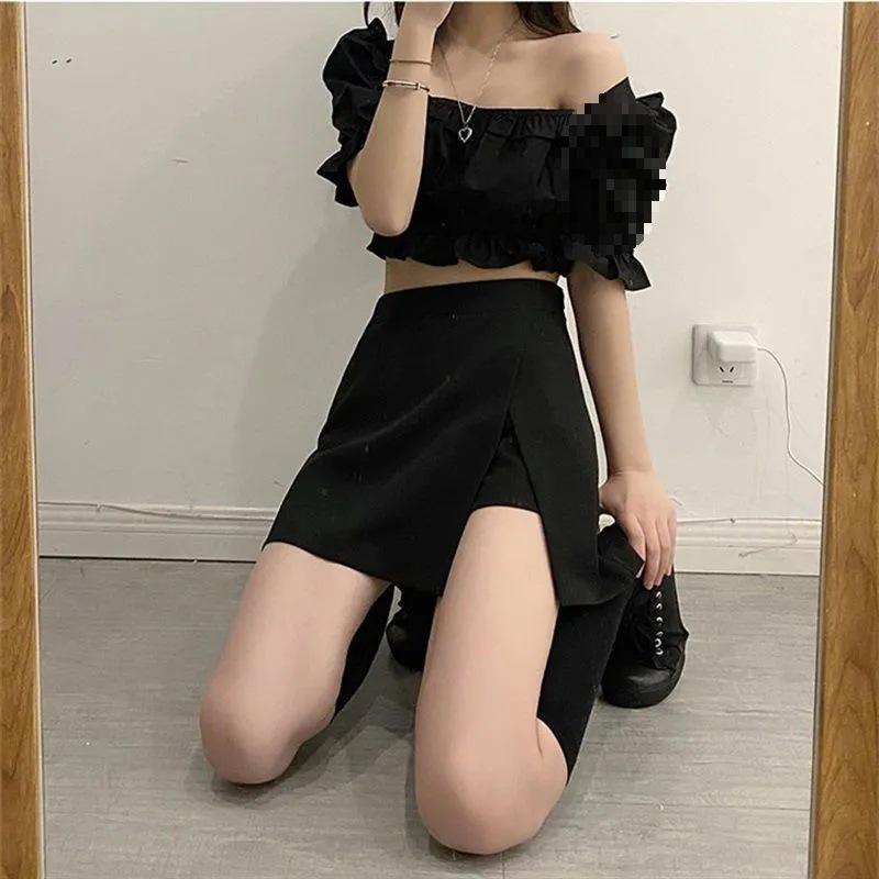 2022 Black High-Waisted Irregular Midi A-Line Skirt with Slimming Slit