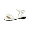 Summer Women's Square Headed Beaded Flat Bottomed Fashionable Straight Strap Buckle Pearl Sandals