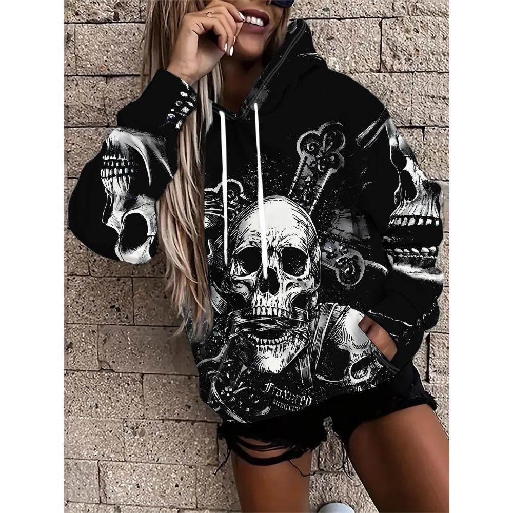 Women's Fashion Skull Print Sweatshirt, Casual Polyester Top, Street Style Long Sleeve Pullover, Casual Daily Wear