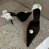 Fashion Black Satin High Heels Slippers New Spring and Summer Pearl High Heels Stiletto Heels Women's Stiletto Party White Rose Sandals