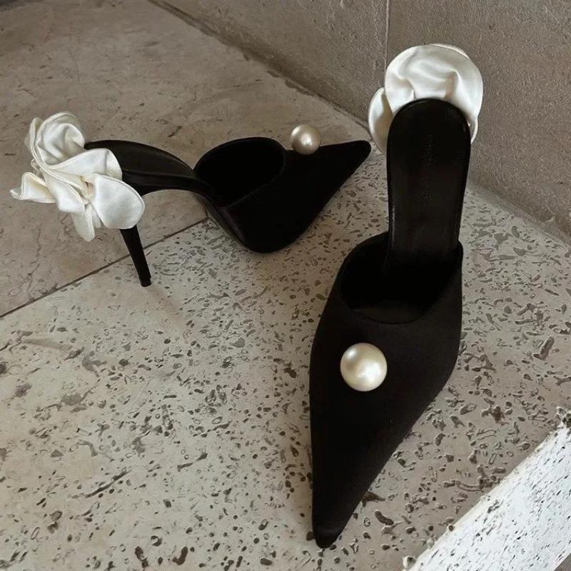 Fashion Black Satin High Heels Slippers New Spring and Summer Pearl High Heels Stiletto Heels Women's Stiletto Party White Rose Sandals
