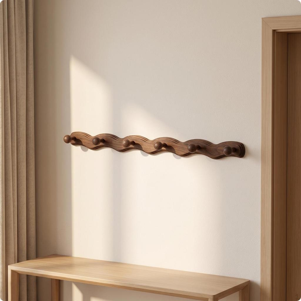 Wooden Coat Rack with Hooks WaveInfluenced Hook Decorative Peg Rail for Entryway,