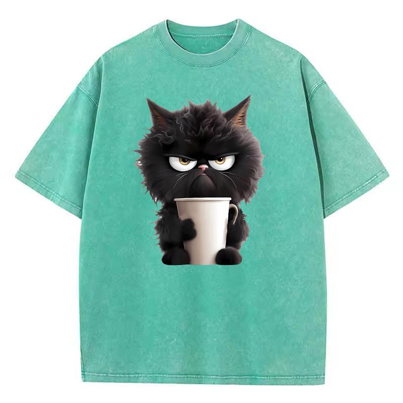 T Shirt Vintage Coffee Cat Washed Cotton TShirt Graphic Tee Casual Streetwear Spring Summer