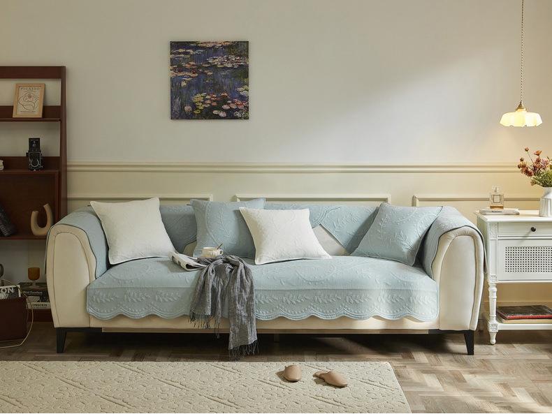 Vintage Embroidered All-Cotton Sofa Cushion with Non-Slip Lace, Four Seasons Universal Cover