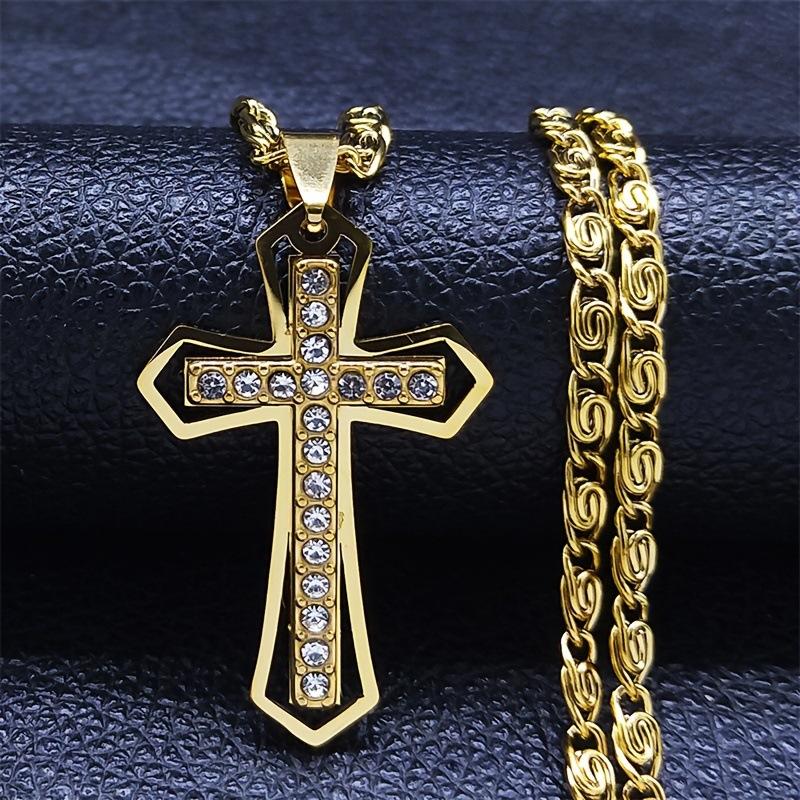 New Men's Stainless Steel Cross Necklace with Diamonds, Vacuum Plating, Non-fading Hip-hop Accessories