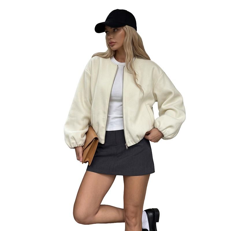 Womens Oversized Retro Wool-Blend Baseball Jacket Fall Winter 2026 Casual Long Sleeve Zip-Up Coat