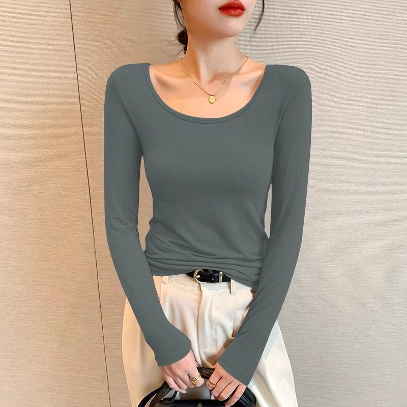 Women's Black Modal Crew Neck Long Sleeve Base Layer Top - Slim Fit, Low Neck Design for 2025 Autumn/Winter