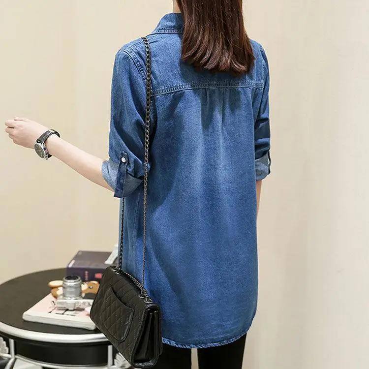 Women Fashion Denim Jacket Female Jeans Jackets Casual Long Coat Koran Slim Long Sleeve Blue Outwear