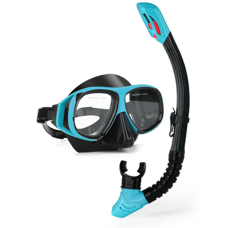 Wave Pro Snorkel Set: Silicone Dry Snorkel & Large Frame Prescription Diving Mask