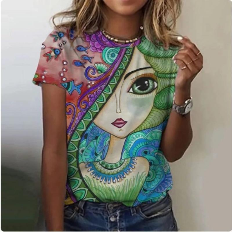 Fashionable Female Portrait 3D Printed Women's Top Harajuku Versatile Round Neck Short Sleeved T-Shirts (women’s