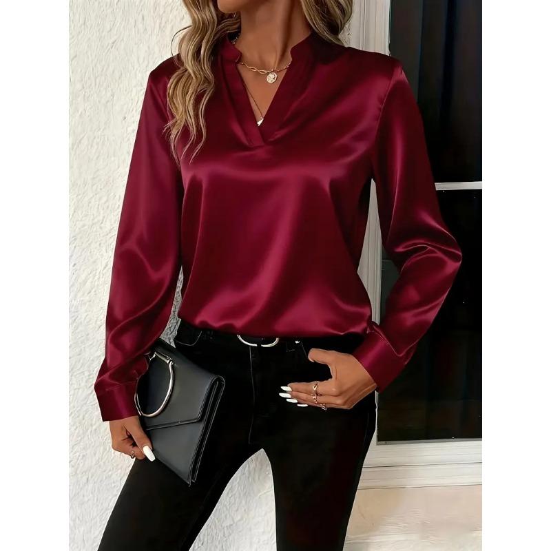 New Spring and Autumn Loose V-neck Office Womens Blouse Simple Long Sleeved Shirt Fashion Casual Solid Color Elegant Clothing