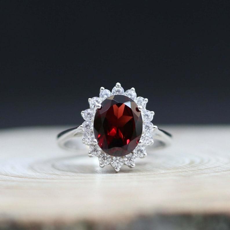 January Birthstone Red Garnet Round Cut Ring , Engagement Ring , 925 Silver , Handmade Ring, Silver Ring, Statement Anniversary Gifts
