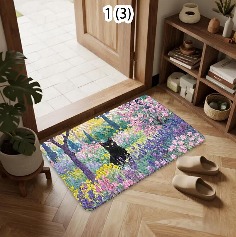 

Retro Cute Floral Black Cat Welcome Mat Non-Slip Machine Washable Door Mat, Floor Rug for Living Room, Home Decor Kitchen Carpet 40x60cm