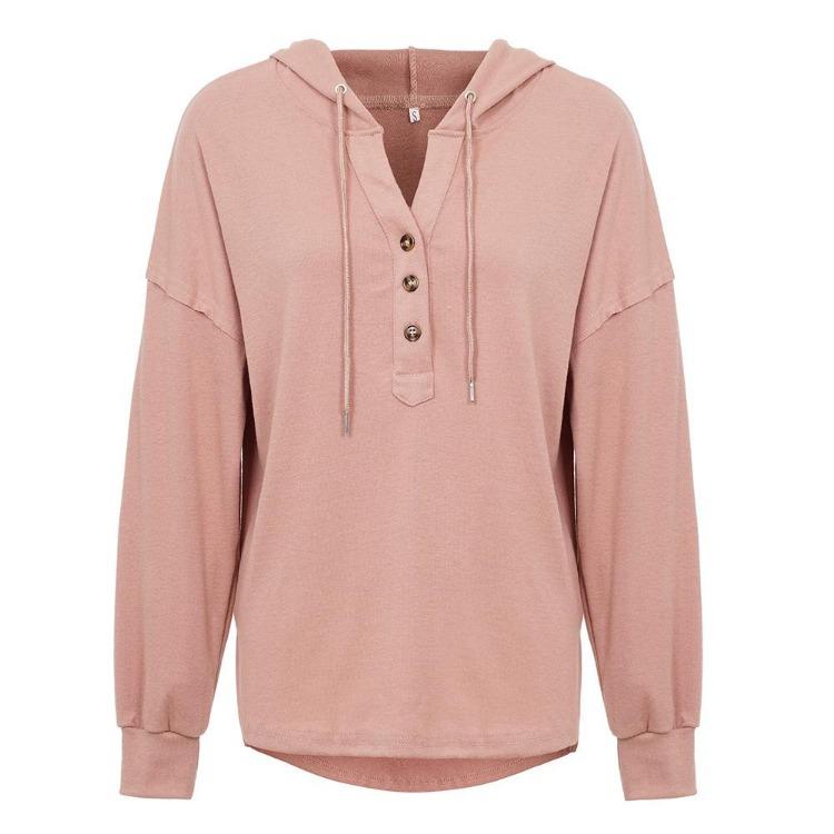 Autumn Winter Women Casual Solid Color Loose V Neck Hoodie Top Single Breasted Shirt