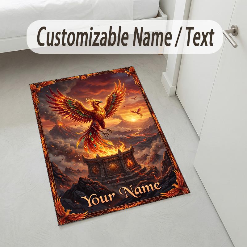 Dragon Phoenix Theme Crystal Velvet Rug Personalized Custom Name Text Soft Floor Mat Home Decor