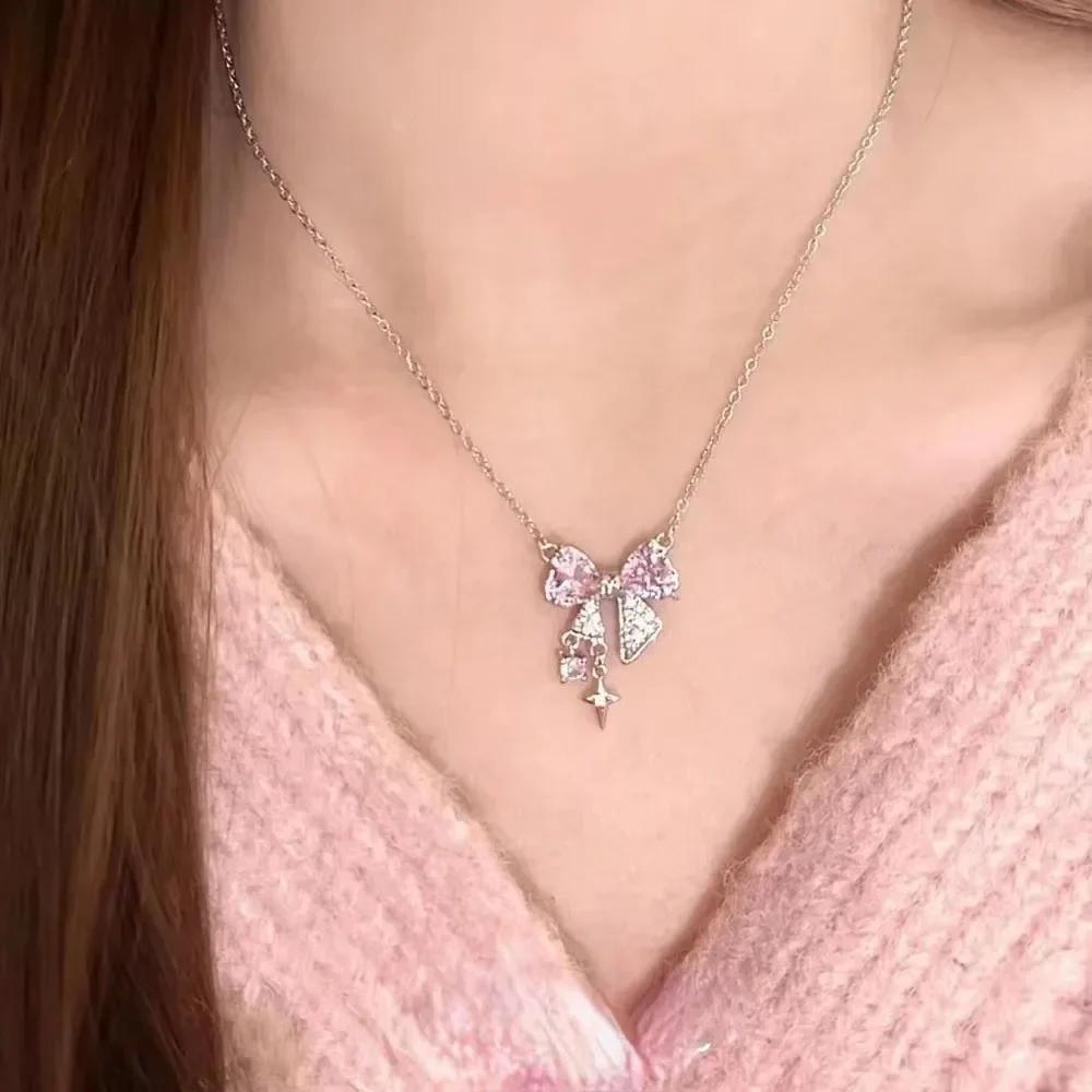 Korean Fashion Pink Crystal Heart Bow Tie Pendant Necklace Silver Color Chain Neck Necklace for Women Wedding Aesthetic Jewelry