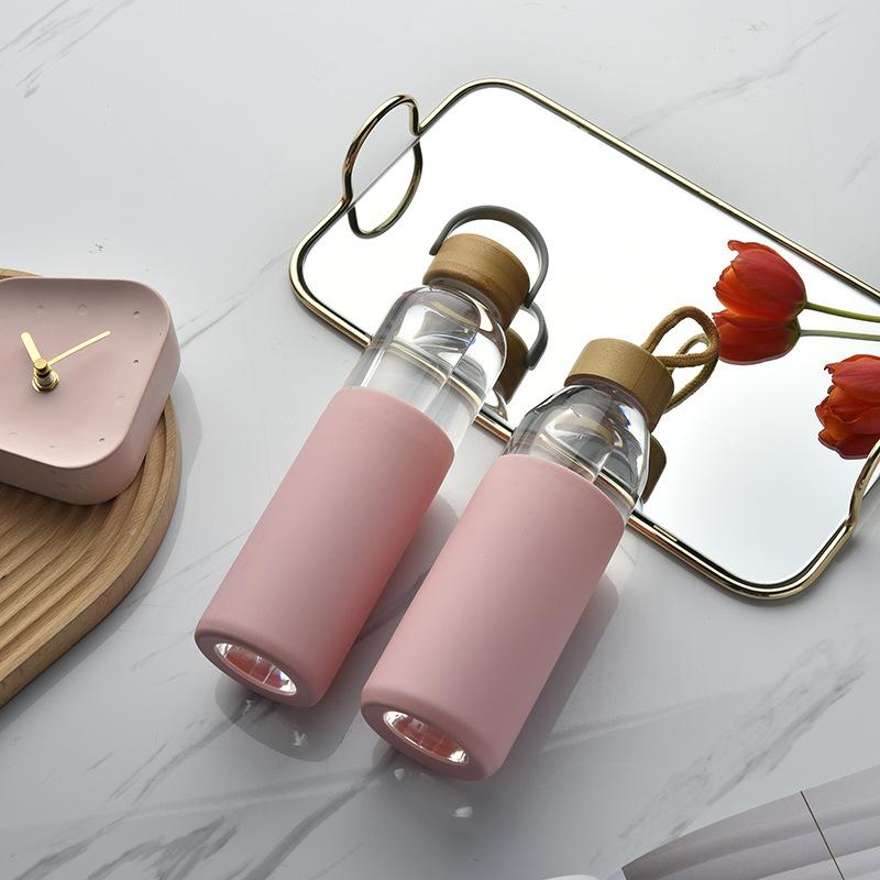 Single-Layer Glass Bottle Large-Capacity Bamboo Cover Retro Glass Thermal Insulation Portable Handle Outdoor Water Cup