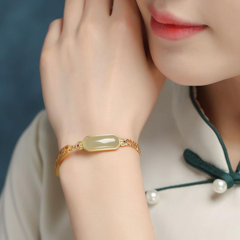 Natural Hetian Jasper Jade Ancient Gold Crafts Ruyi Bracelet For Women Chinese Style Classic Charm Bangles Banquet Jewelry