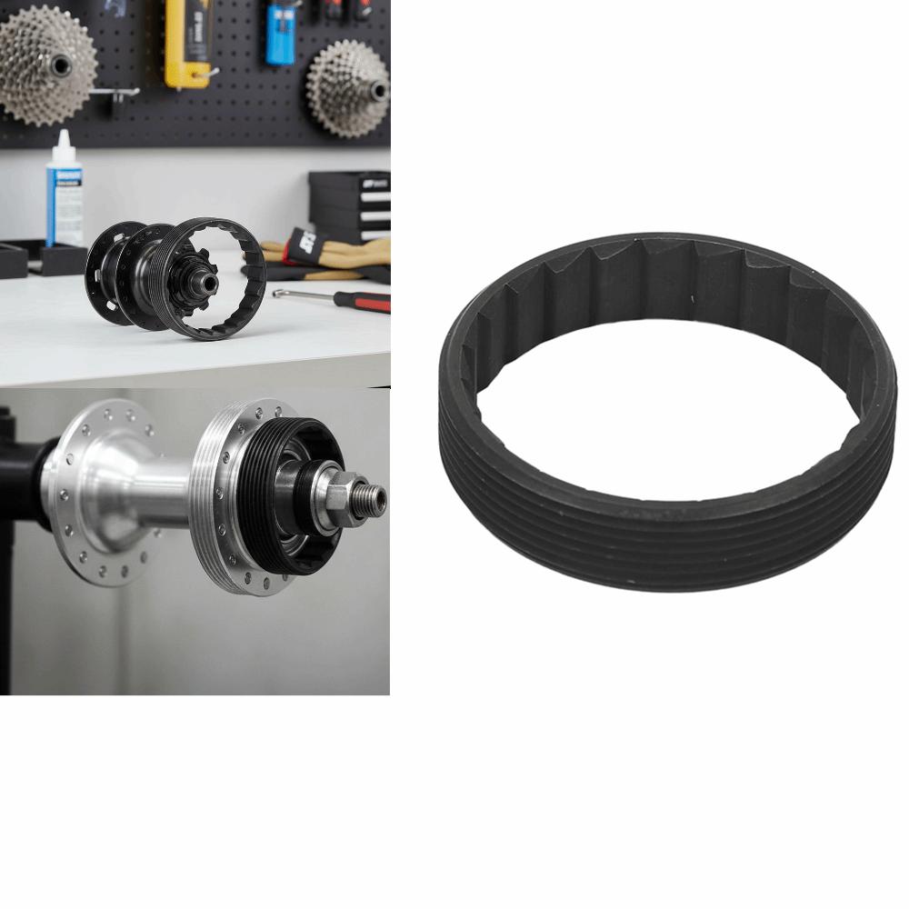 Wheel Hub Thread Ring for D*T-Swiss 3-pawl hubs and hubs with 24-tooth hub base rings.