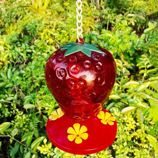 Strawberry Shaped Hummingbird Feeder Outdoor Hanging Red Birds Feeding Station for Window Garden Deck Yard Balcony Decor