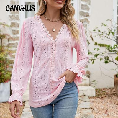 Spring and Autumn Women's Blouse Solid Color Lace Patchwork V-Neck Loose Long Sleeve Top