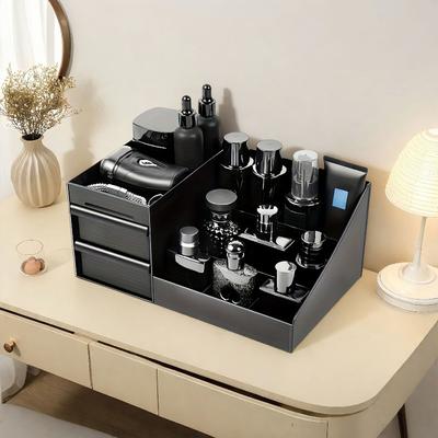 PGY Men Cosmetic Storage Box Organizer Black Makeup Storage Box with Drawer Divided Home Table Cosmetic Skin Care Storage Rack