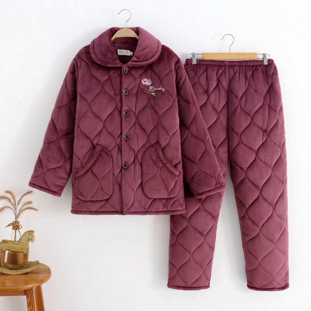 Three-Layer Fleece-Lined Quilted Winter Pajama Set for Elderly Women - Warm Coral Fleece Home Wear & Outerwear