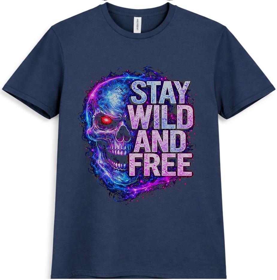 Stay Wild And Free T-Shirt Neon Skull Gothic Biker Colorful Unisexs Graphic Tee 4XL