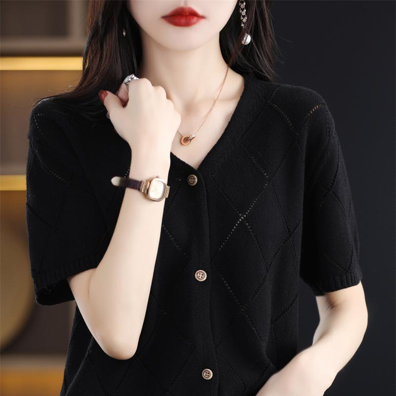 V-neck Knitted Cardigan Women's Summer Fashion Thin Short-sleeved Hollow Breasted Top T-shirt Top