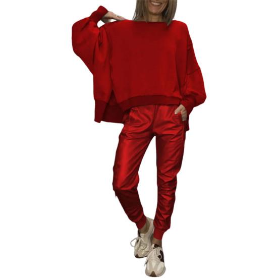 2 Pcs/Set Spring Sweatshirt Pants Suit Slit Hem Long Sleeves O Neck Top