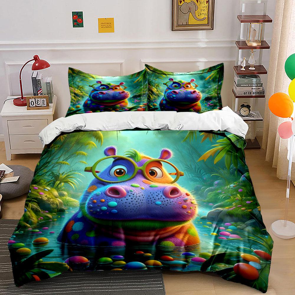 Colorful Glasses Hippo In Jungle Pond Duvet Cover Set With 3D Printing Design Soft Polyester Bedding Set All-Season Comfort