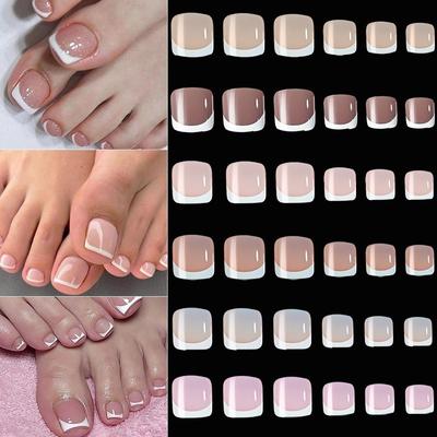 120 Stück Luxuriös Schickes Französisches Nagelspitzen-Set zum Aufdrücken Glänzende Kurze Spitze Zehennagel Quadratische Vollabdeckung Falsche Zehennägel Nagelkunst
