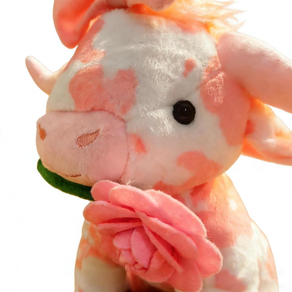 Pink Cow Plush Toy with Heart Embroidery and Rose Cute Stuffed Animal Gift for Christmas or Soft Plush Toy Decoration, Girls, Birthday,