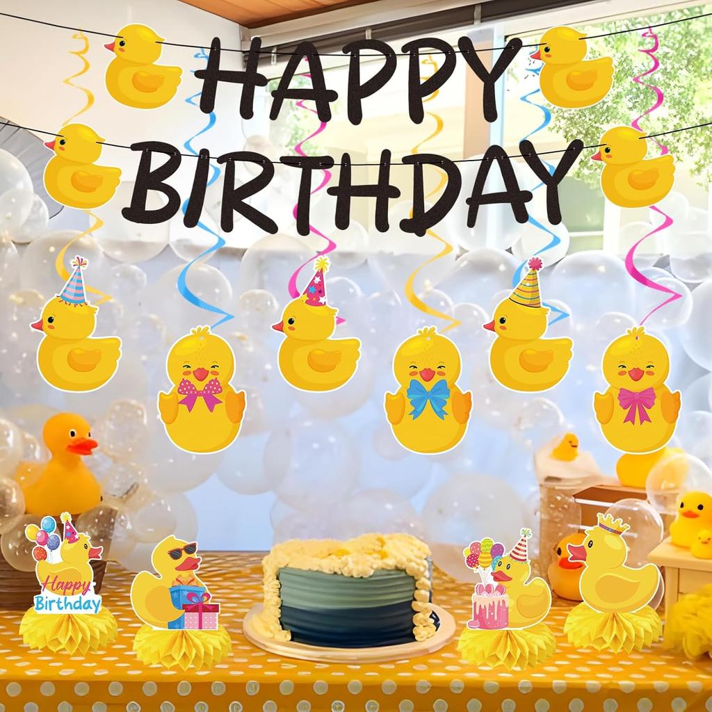 Duck Birthday Party Decorations - 18PCS Duck Party Decorations with Banner Hanging Swirls Centerpieces for Tables Duck Happy Birthday Decorations for