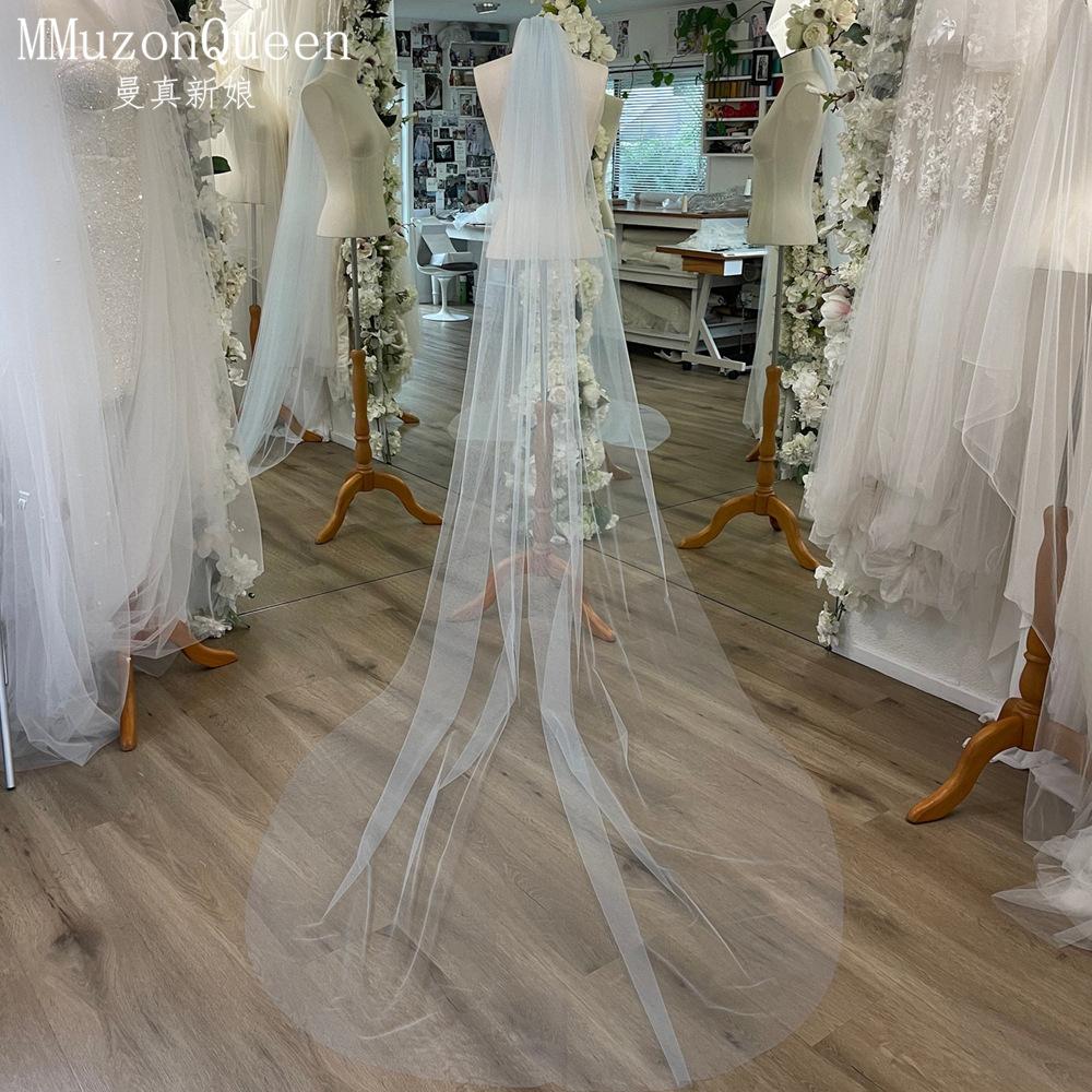 Plain Solid Color Tulle Bridal Veil Single Layer Soft Flowy Simple Wedding Veil White Lavender Light Blue Floor Length Veil For Bride Elopement Shoot