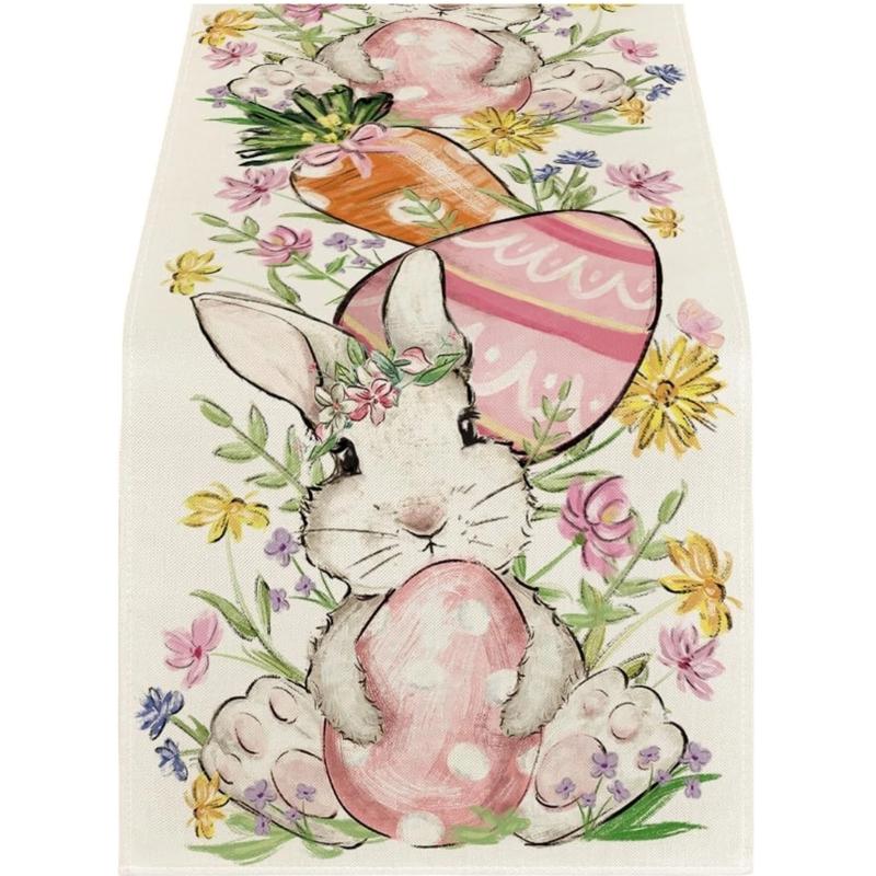 Linen Table Scarf Easter Rabbit Eggs Pattern Rectangular Washable Table Runner For Spring Decorations And Home Styling