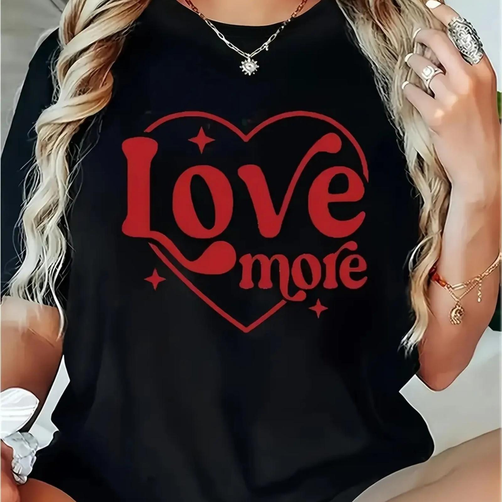 

Chic Valentine s Day Love More Graphic Tee for Women - Casual Black T-Shirt with Red Heart Design, Short Sleeve & Round Neck - h XXXXXL чорний