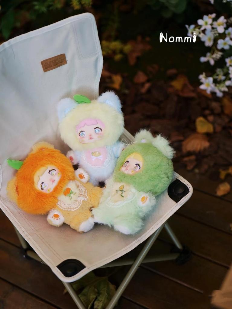 Nommi Fruit Motif Blind Box Plush Mascot, Authentic, Fluffy Body with Fruit Embroidery on the Chest, 3 Switchable Eyes and Various Poses, 6 Types + 1