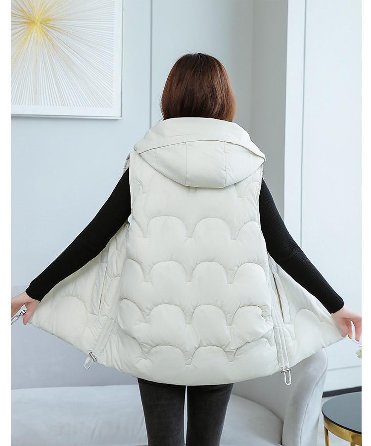 Autumn and Winter Women's Solid Color Loose Vest Drawstring Hooded Long Vest Jacket Cotton Padded Women's Windproof Warm Vest