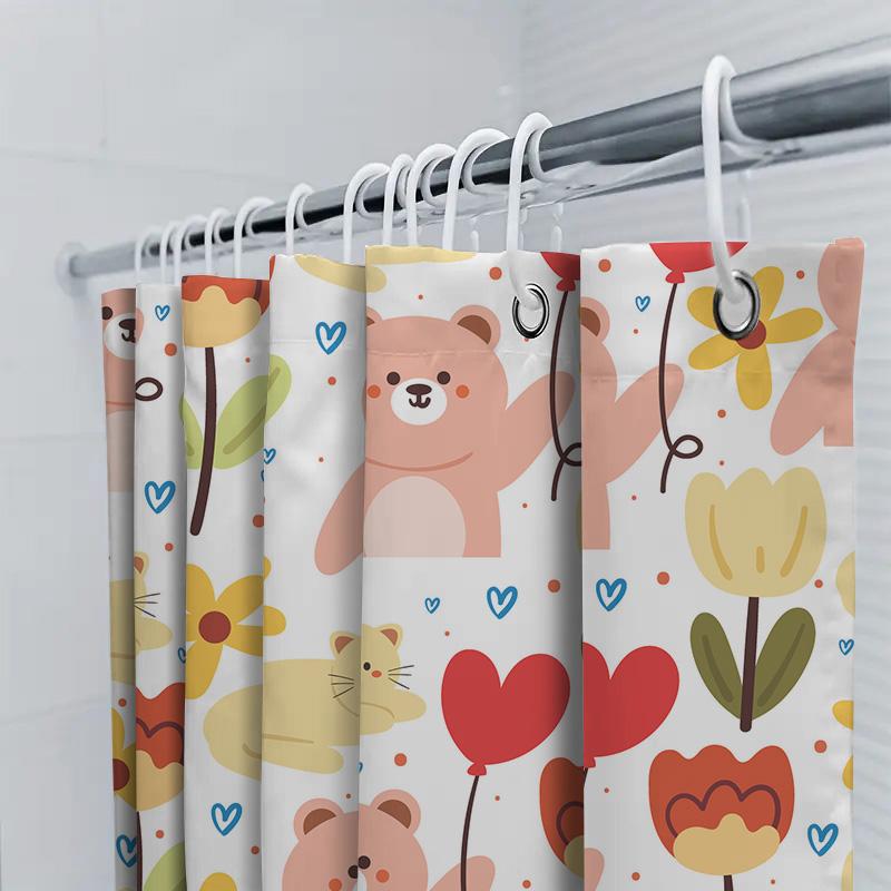 Cortina de Chuveiro para Banheiro com Padrões de Animais Fofos Ideal para Decoração de Quarto Infantil Capa de Tapete de Banheiro Impermeável em Poliéster com Flor Amarela