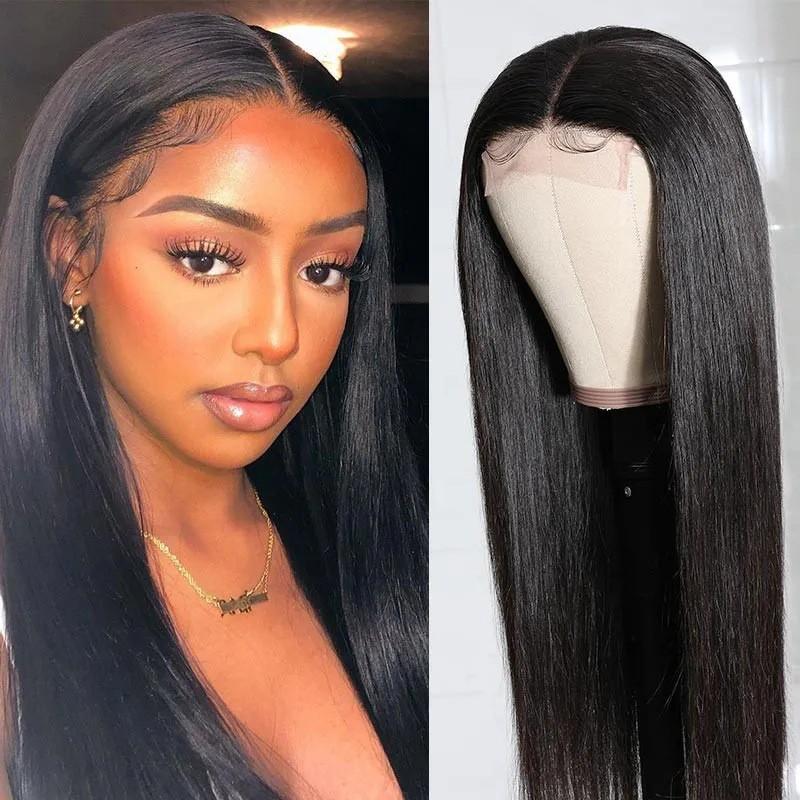 Long Straight Synthetic Wig With Center Part Bangs Women Black Or Golden Non-Heat Resistant Oval Face Friendly