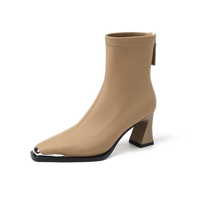 Celebrity style fashion increases height and shows thinness temperament short boots 2025 autumn new square head thick heel rear zipper high heel wom