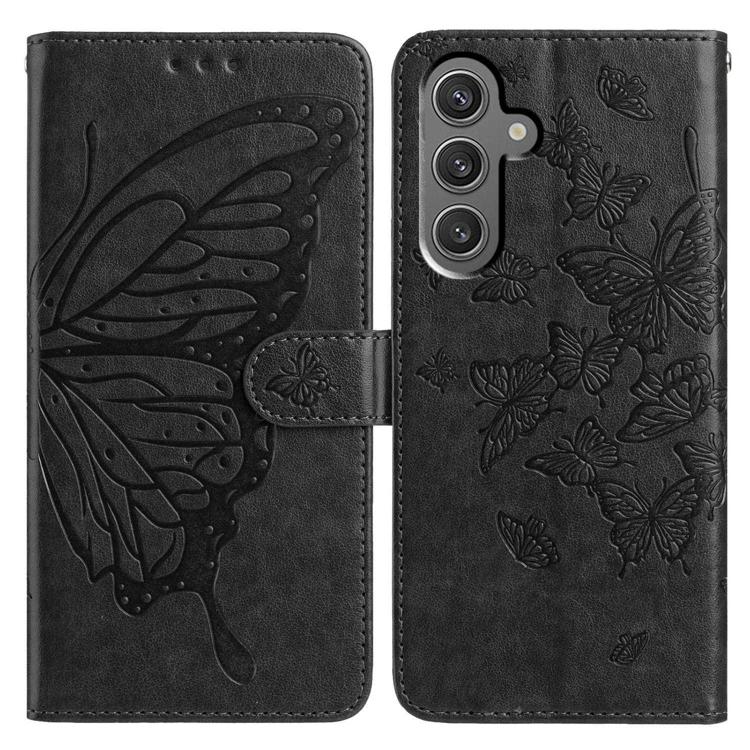 

For Samsung Galaxy A54 5G Case Butterfly Imprinted Wallet Stand PU Leather Flip Phone Cover with Strap Black