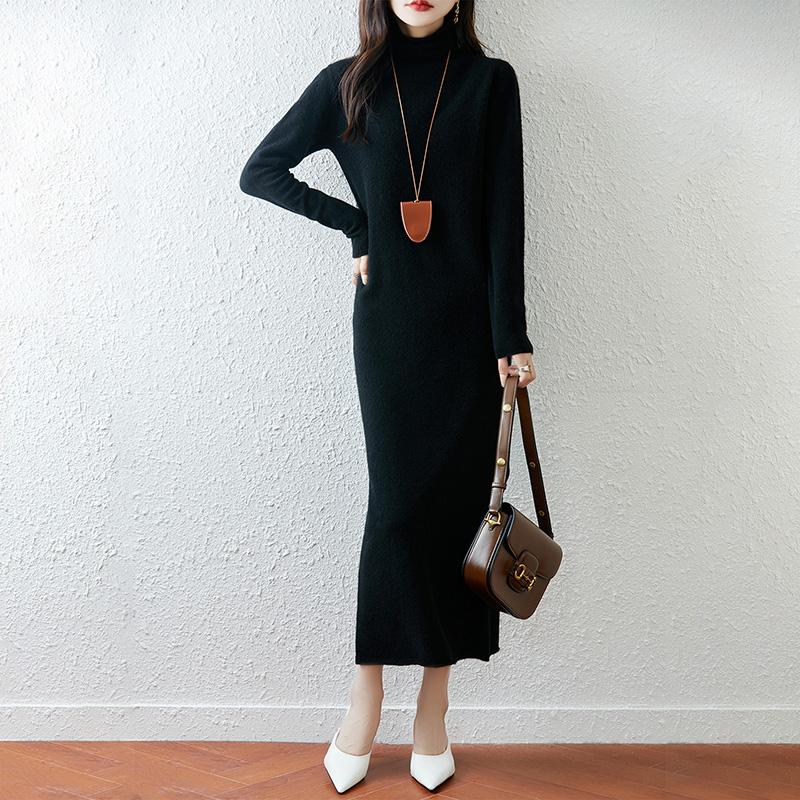 Women Sweater Dress 100% Wool TIDENOVEL Turtleneck Knit Long Pullover Winter Jumpers Wool Long Dress Female