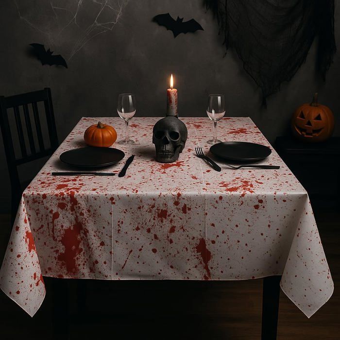 Grande Nappe Halloween Blanche Sanglante Motif Eclaboussures Rouges 245 x 75 cm Décoration
