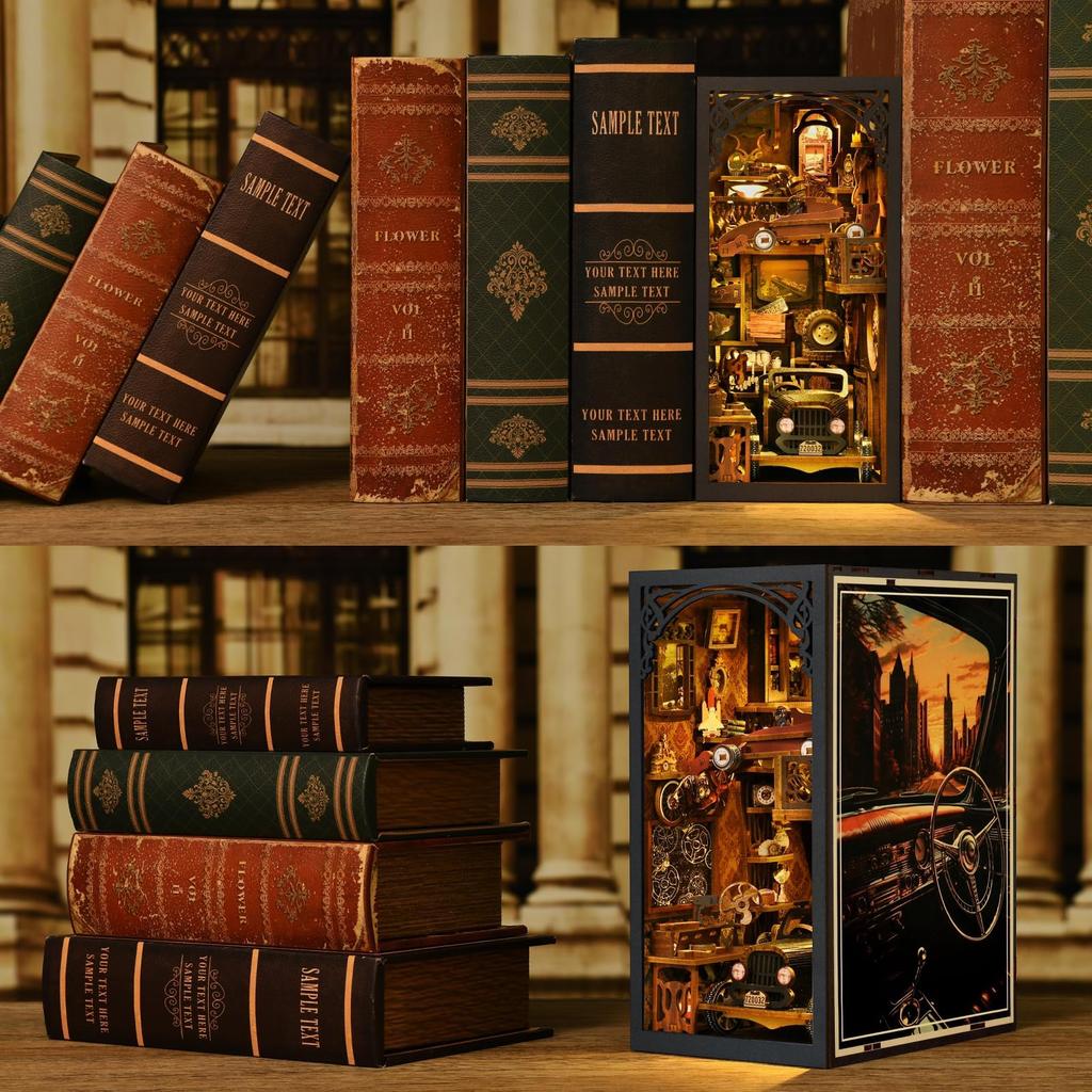 CRESYMME Book Nook Dollhouse Leeds Miniature House Log House Kit, Wooden 3D Puzzle, Handmade for Adults, with LED Lights (Automobile Museum)